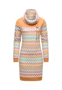 Farverigt kjole med zigzag mønstre i pastelfarver, med en orange overdel og draperet hals. Lange ærmer og en tætsiddende silhuet.