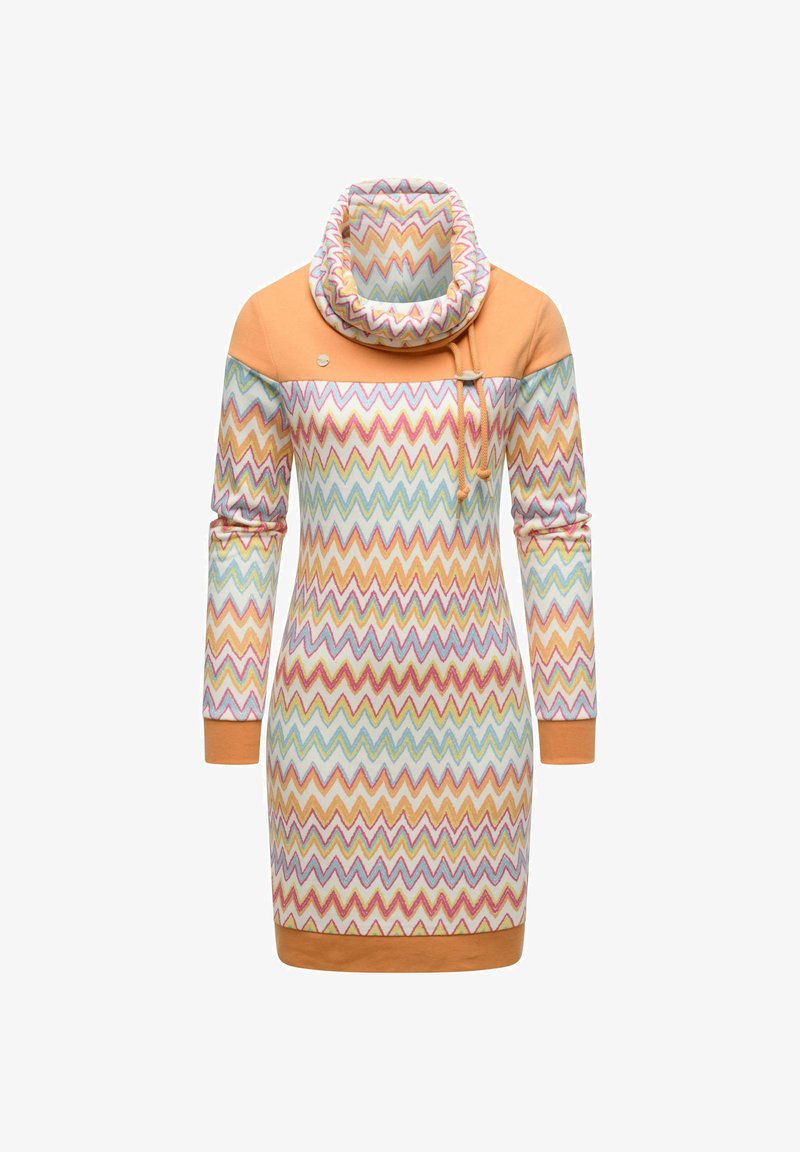 Farverigt kjole med zigzag mønstre i pastelfarver, med en orange overdel og draperet hals. Lange ærmer og en tætsiddende silhuet.