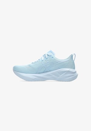 Light blue athletic shoes featuring a mesh upper, flat laces, and a thick, textured sole with geometric accents for stability.