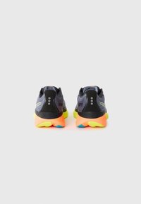 Running shoes with a dark gray mesh upper, bright orange midsole, and neon green and blue outsole. Features perforated design and branding.
