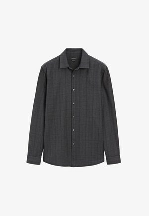 Dunkelgraues Hemd mit strukturiertem Kragen, vertikalen Streifen, langen Ärmeln und feiner Textur. Mit schwarzen Knöpfen.