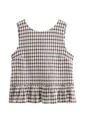 Ærmeløs brun- og hvidternet top med rund halsudskæring og flæsedetalje nederst, lagt fladt på en hvid baggrund.