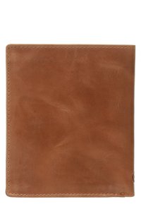 Bruinleren portemonnee met een gladde textuur en een eenvoudige rechthoekige vorm. Kenmerkt zich door schone randen en minimale stiksels voor een klassieke uitstraling.