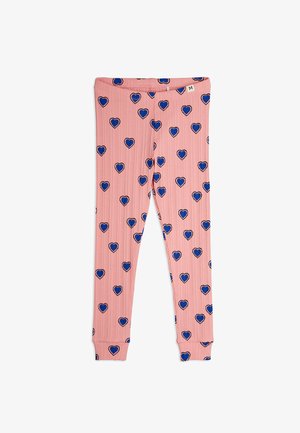 Rosa leggings med ribbet tekstur, med et mønster av blå hjerter omrisset i svart, og tettsittende mansjetter ved anklene. Størrelseslabel synlig.