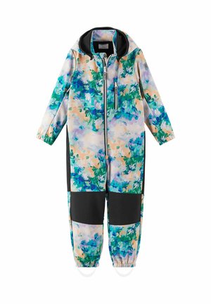 Bunter einteiliger Anzug mit Blumenmuster und Kapuze, ausgestattet mit einem Frontreißverschluss und schwarzen Akzentbereichen. Weicher, strapazierfähiger Stoff mit elastischen Bündchen.