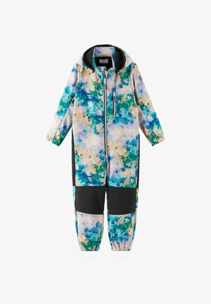 Kolorowy kombinezon w kwiatowy wzór z kapturem, wyposażony w przedni zamek błyskawiczny oraz czarne akcenty. Miękka, trwała tkanina z elastycznymi mankietami.