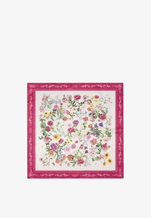 Vierkante zijden sjaal met verschillende kleurrijke bloemen op een witte achtergrond en een donkerroze rand met bloemmotieven en de merknaam Bizuu.