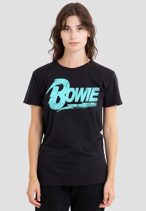 Black cotton t-shirt featuring a distressed turquoise "BOWIE" graphic on the front, short sleeves, and a classic crew neckline.
