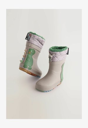 Grå gummistøvler med et grønt, fuzzy for og dinosaur grafikker. Vatteret lavendelkant og flerfarvede sålaksenter.