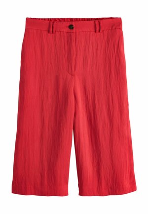 Rode knielange korte broek met een gestructureerde stof, elastische tailleband, riemlussen en een sluiting aan de voorkant met knoop.