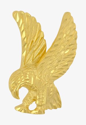 Goldene Adlerfigur mit ausgebreiteten Flügeln, die scharfe, kantige Texturen und filigrane Details auf Federn und Krallen aufweist.