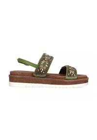 Sandalo verde con perline, dotato di due larghe cinghie decorate con abbellimenti. Presenta una soletta in suede e una suola in gomma bianca.