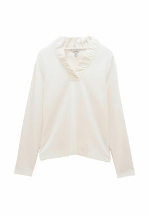 Langärmliges weißes Oberteil mit V-Ausschnitt und strukturiertem Rüschendetail am Kragen. Weiches Material und lockere Passform mit Seitenschlitzen.