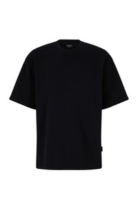 Zwarte korte mouwen t-shirt van zachte stof, met een klassieke ronde hals en een ontspannen pasvorm. Minimalistisch ontwerp zonder patronen of accenten.