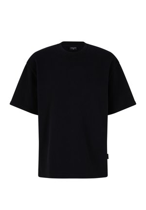 Schwarz kurzärmliges T-Shirt aus weichem Stoff, mit klassischem Rundhalsausschnitt und legerem Schnitt. Minimales Design ohne Muster oder Akzente.