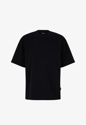 Zwarte korte mouwen t-shirt van zachte stof, met een klassieke ronde hals en een ontspannen pasvorm. Minimalistisch ontwerp zonder patronen of accenten.