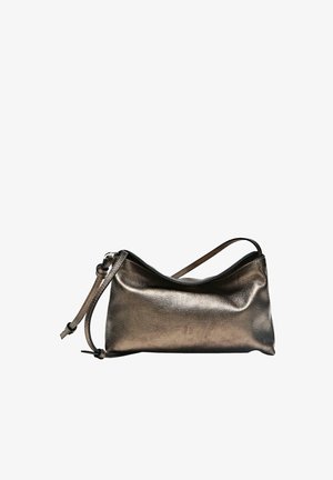 Metallic bronze leather shoulder bag with a simple curved design and adjustable strap on a white background.