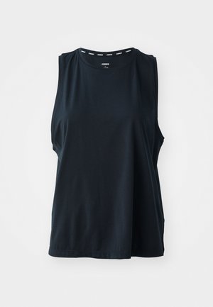 Zwart mouwloos topje van gladde stof, met een ronde halslijn en een ontspannen pasvorm. Bevat een subtiele logo-detail bij de kraag.