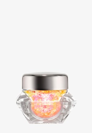 Kristallglas mit diamantform, silbernem Deckel und strukturiertem Inhalt in Pink und Gold, der lebendige, schimmernde Farben präsentiert.