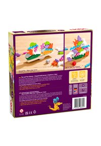 Doos van een bordspel met kleurrijke plastic dierenstukjes in oranje, groen, roze en wit. Inclusief een houten balansbasis en dobbelstenen.