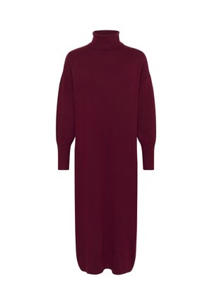 Burgundy gebreid jurk met een hoge hals, lange pofmouwen en een ontspannen pasvorm. De zoom valt net boven de enkels en heeft een zachte textuur.