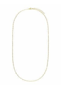 Collier en métal doré, avec des maillons allongés et un fermoir à cliquet. Le design est minimaliste avec une texture lisse.