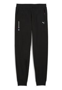Pantalons de survêtement noirs en matériau doux, avec un waistband élastique, des poches latérales et des logos BMW Motorsport et Puma imprimés.