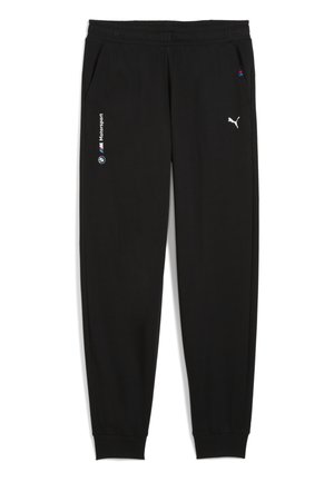 Pantalons de survêtement noirs en matériau doux, avec un waistband élastique, des poches latérales et des logos BMW Motorsport et Puma imprimés.