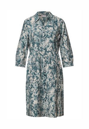 Robe à col avec un motif serpent en teal et blanc, à manches longues et taille cintrée pour une silhouette définie.