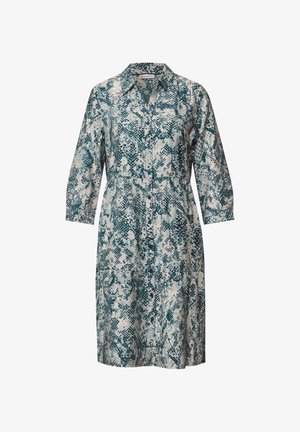 Kleid mit Kragen im Schlangenledermuster in Türkis und Weiß, mit langen Ärmeln und einer taillierten Taille für eine definierte Silhouette.