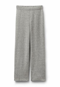 Pantalones de pierna ancha en gris, confeccionados en una tela suave con cintura elástica, que presentan una textura lisa y sin patrones ni adornos visibles.