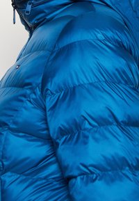 Blå vadderad jacka med en glänsande yta, med horisontell sömnad och hög krage. Inkluderar en dragkedja och en logotypaccents nära axeln.
