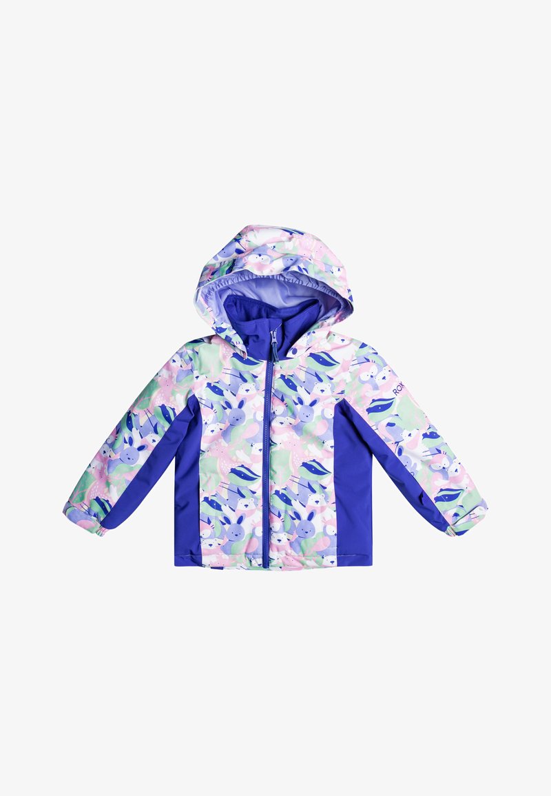 Bunte wasserdichte Jacke mit Kapuze. Sie verfügt über ein tierisches Druckdesign in Pink, Grün und Blau. Lange Ärmel mit lila Akzenten. Reißverschluss.