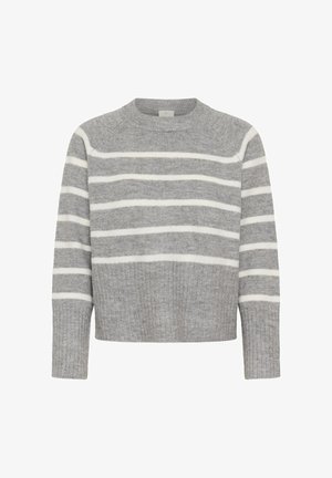 Pull gris en tricot doux avec des rayures horizontales blanches, un col rond et des poignets et un ourlet côtelés.