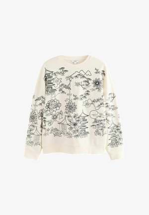 Felpa crema con disegni in nero di fiori e pagode. Presenta un collo rotondo e maniche lunghe con orlo a coste.