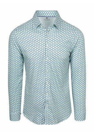 Hellblaues Langarmhemd zum Knöpfen mit einem dunkelblauen und schwarzen kleinen geometrischen Muster und spitzem Kragen, Markenlabel innen im Kragen.