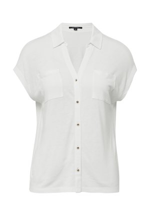 Weiße Bluse mit kurzen Ärmeln und V-Ausschnitt, zwei Brusttaschen und goldenen Knöpfen auf der Vorderseite. Hergestellt aus leichtem, weichem Stoff.