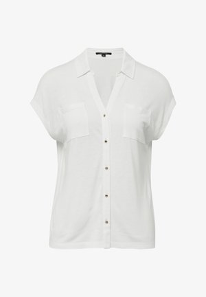 Witte korte mouwen blouse met een V-hals, twee borstzakken en gouden knopen aan de voorkant. Gemaakt van lichtgewicht, zachte stof.