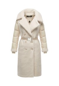 Beige polstret frakke med en faux fur overflade, bred krave, dobbeltknaplukning foran, bælte i taljen og manchetter på ærmerne.