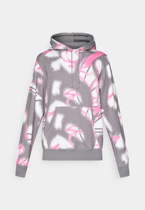 Hooded sweatshirt in gray fabric with a pattern of white and bright pink abstract shapes. Features a front pocket and drawstring hood.