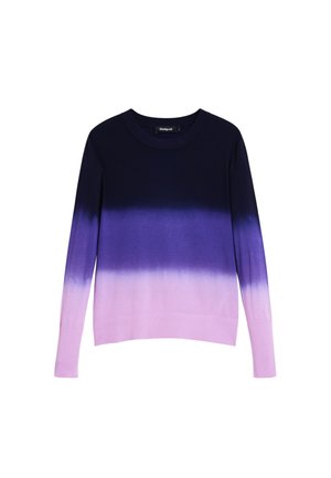 Kootud kampsun, millel on gradient tumesinisest heledama lavendlini, ümara kaelusega ning soonikkoes varrukaotsade ja alläärega.