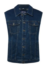 Denimweste in Dunkelblau mit Knopfverschluss, zwei Brusttaschen und ohne Ärmel. Diese Weste verfügt über einen klassischen Kragen und dezente Used-Details.