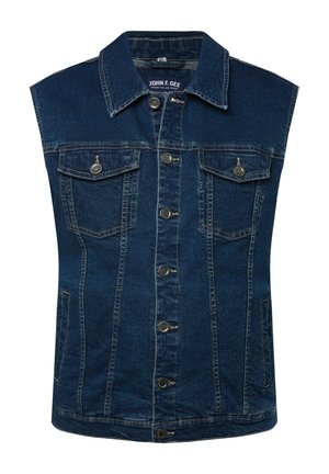 Jeansová vesta tmavě modré barvy s knoflíkovým zapínáním vpředu, dvěma náprsními kapsami a bez rukávů. Obsahuje klasický límeček a jemné detaily žmolkování.