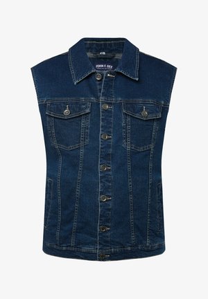 Denimvest i mørkeblå med knaplukning foran, to brystlommer og ingen ærmer. Har klassisk krave og subtile slidser.