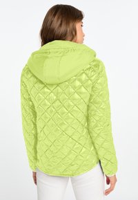 Limoengroene gewatteerde jas met een capuchon, glanzende textuur en een ruitpatroon op de stof. Eenvoudig en lichtgewicht ontwerp.
