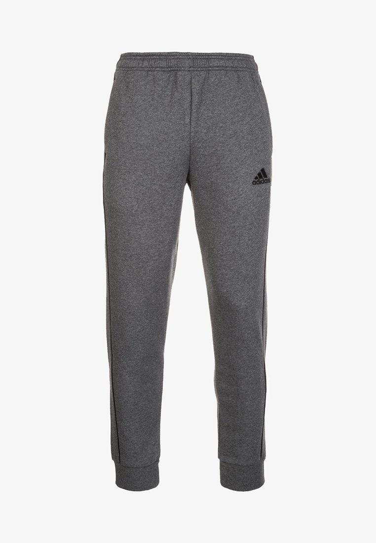 Graue sportliche Jogginghosen mit einem elastischen Bund, bündchenförmigen Knöcheln, Seitentaschen und einem schwarzen Adidas-Logo am linken Oberschenkel. Weiches Gewebe.