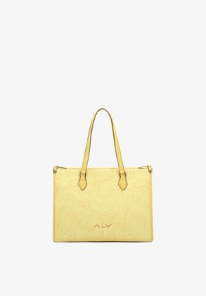Borsa tote in pelle gialla con un motivo testurizzato di timbri, doppi manici e chiusura a zip nella parte superiore. Logo impresso sul davanti.