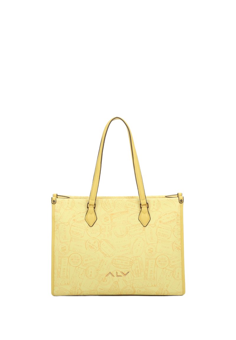 Borsa tote in pelle gialla con un motivo testurizzato di timbri, doppi manici e chiusura a zip nella parte superiore. Logo impresso sul davanti.