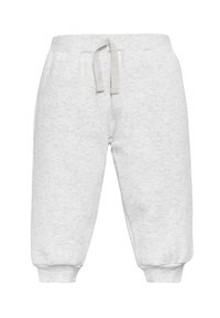 Pantalones de chándal para niños pequeños en gris claro con cintura elástica, cordón ajustable, bolsillos laterales y puños acanalados en los tobillos.