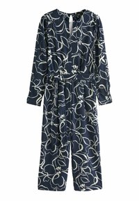 Combinaison bleu marine avec des motifs floraux blancs, manches longues, décolleté en V et détail de taille nouée. Tissu doux avec une finition texturée.